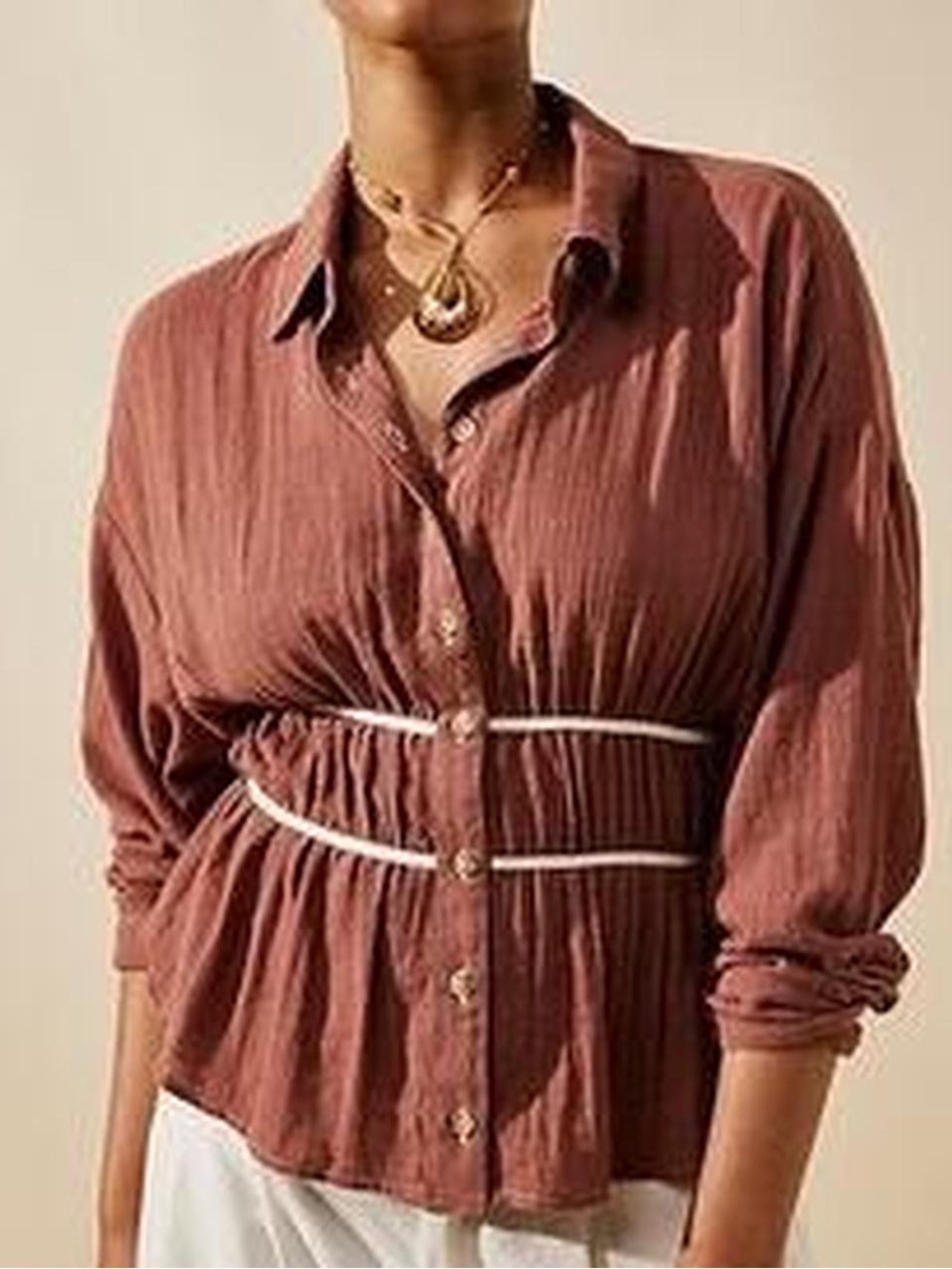 Free People Button-Front Gathered Waist Blouse - Rusty Rose